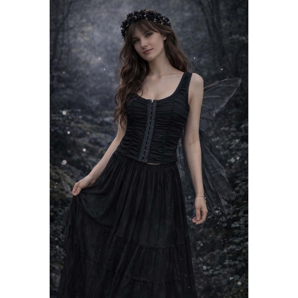 Black Sheer‎ Mesh Ruched Corset Top Fairy Whimsigoth Coquette Y2K Small